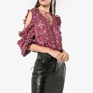 New Magda Butrym Rijeka Floral Silk Ruffle Cold Shoulder Blouse Red